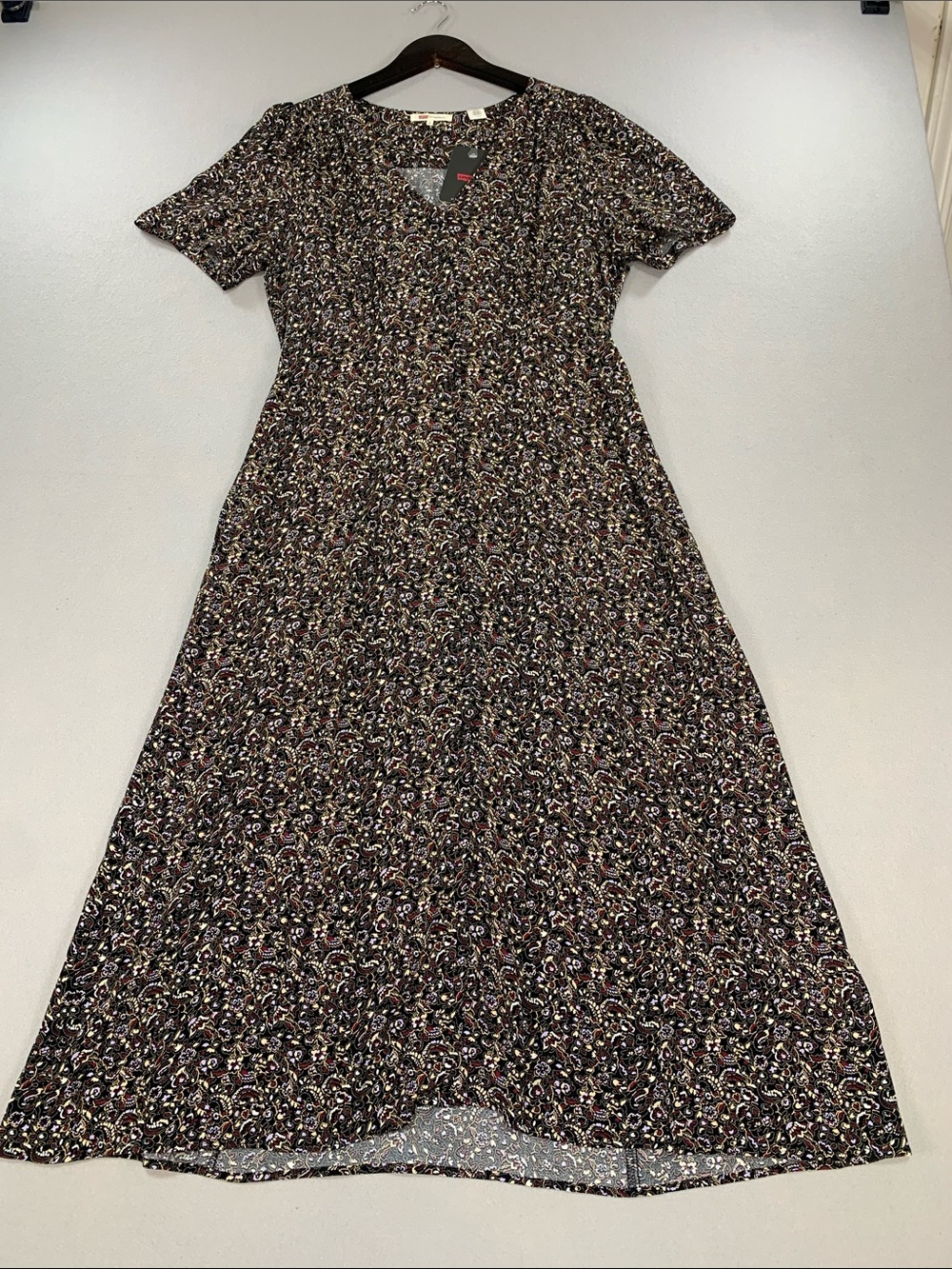 Levi’s Women’s Floral Midi Dress in Black and Brown - V-Neck Short Sleeve